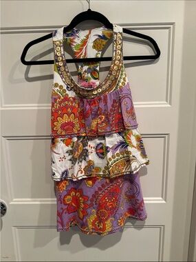 Embroidered Paisley Tiered Tank Top - Purple/White